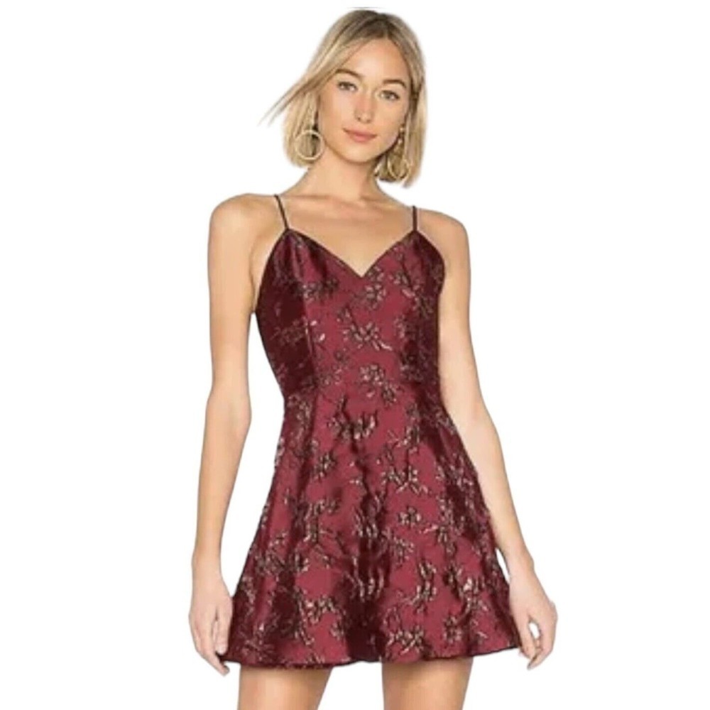 NWT Alice + Olivia Womens Burgundy Floral Spaghetti Strap Fit And Flare Dress 10